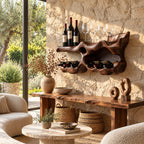 Organic Sculpted Wine Rack Wall Shelf with Carved Cutouts and Lower Bottle Cradle, Solid Wood Home Bar