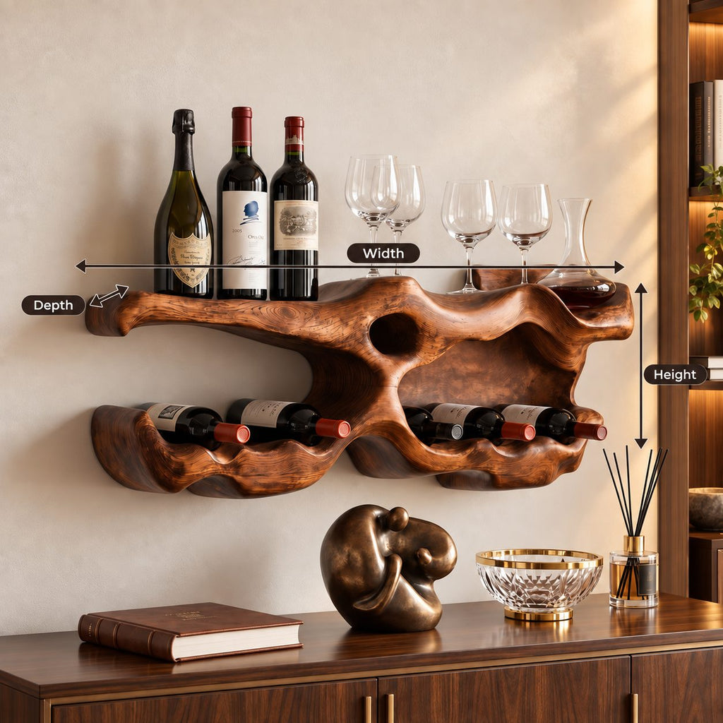 Organic Sculpted Wine Rack Wall Shelf with Carved Cutouts and Lower Bottle Cradle, Solid Wood Home Bar