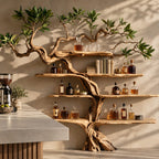 Gnarled Tree Wall Bar Shelf with Twisting Carved Trunk and Tiered Live Edge Shelves, 70 Inch Liquor Display