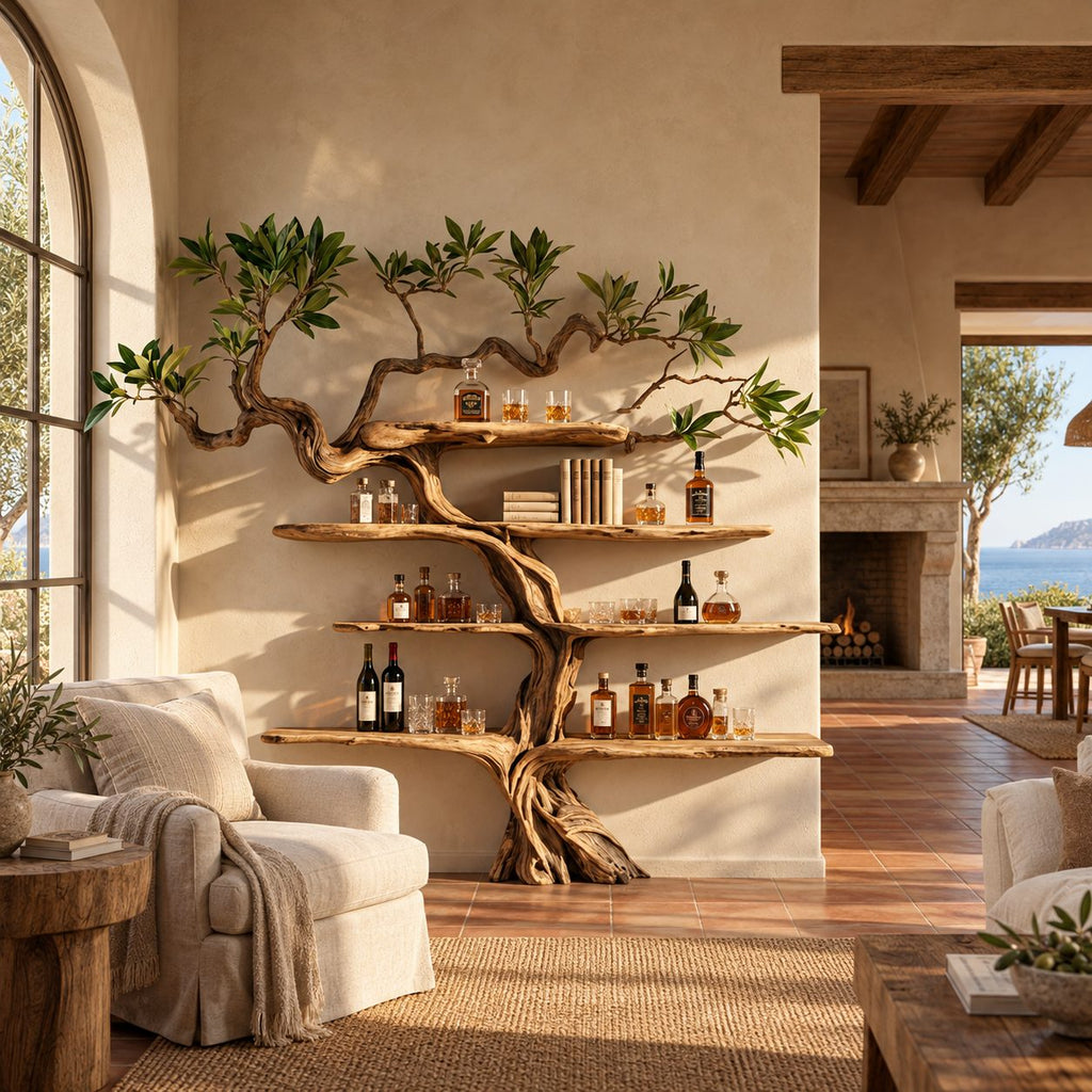 Gnarled Tree Wall Bar Shelf with Twisting Carved Trunk and Tiered Live Edge Shelves, 70 Inch Liquor Display
