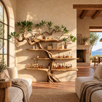 Gnarled Tree Wall Bar Shelf with Twisting Carved Trunk and Tiered Live Edge Shelves, 70 Inch Liquor Display