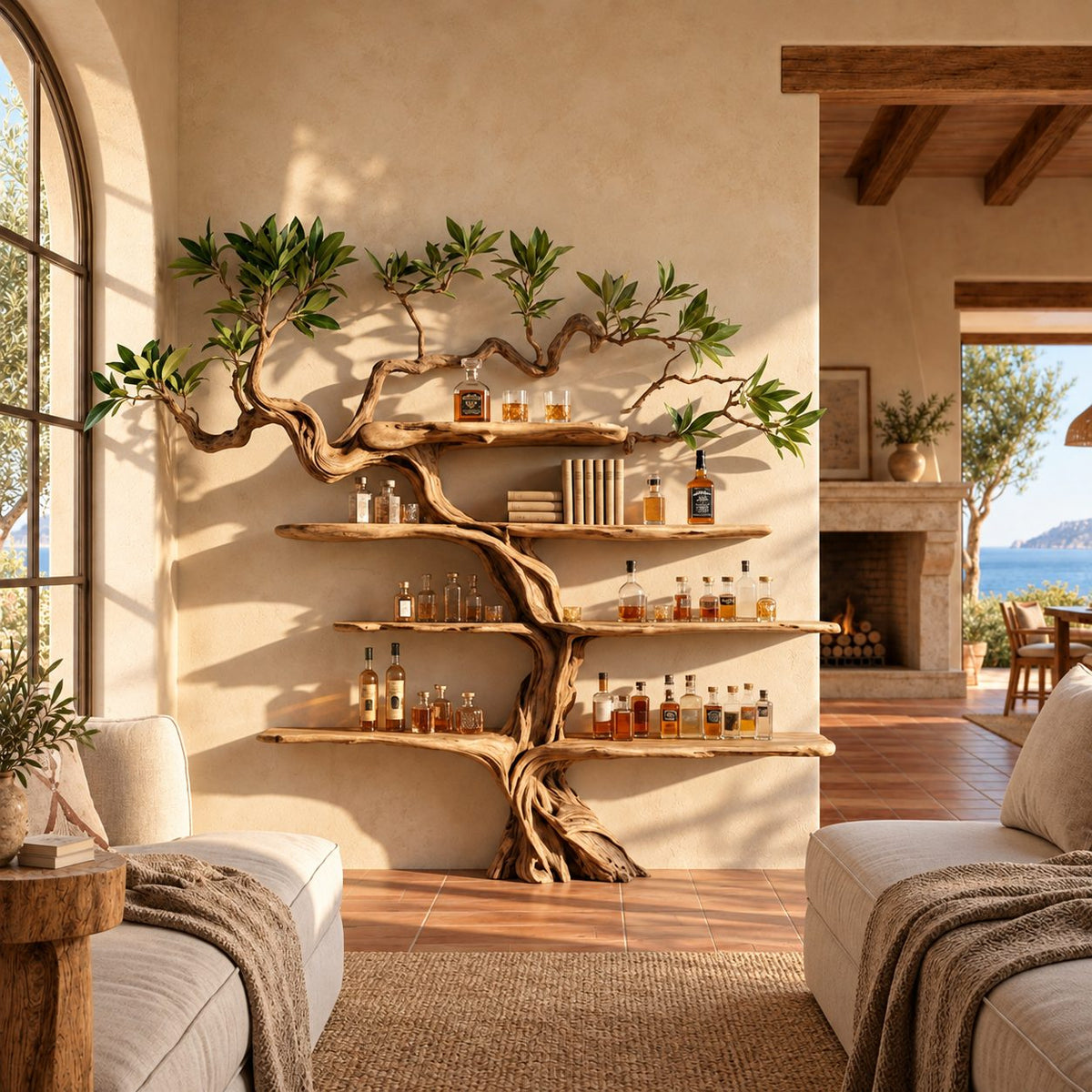 Gnarled Tree Wall Bar Shelf with Twisting Carved Trunk and Tiered Live Edge Shelves, 70 Inch Liquor Display