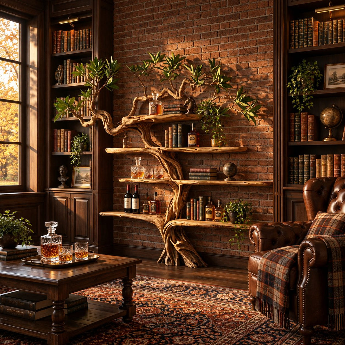 Gnarled Tree Wall Bar Shelf with Twisting Carved Trunk and Tiered Live Edge Shelves, 70 Inch Liquor Display