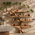 Gnarled Tree Wall Bar Shelf with Twisting Carved Trunk and Tiered Live Edge Shelves, 70 Inch Liquor Display