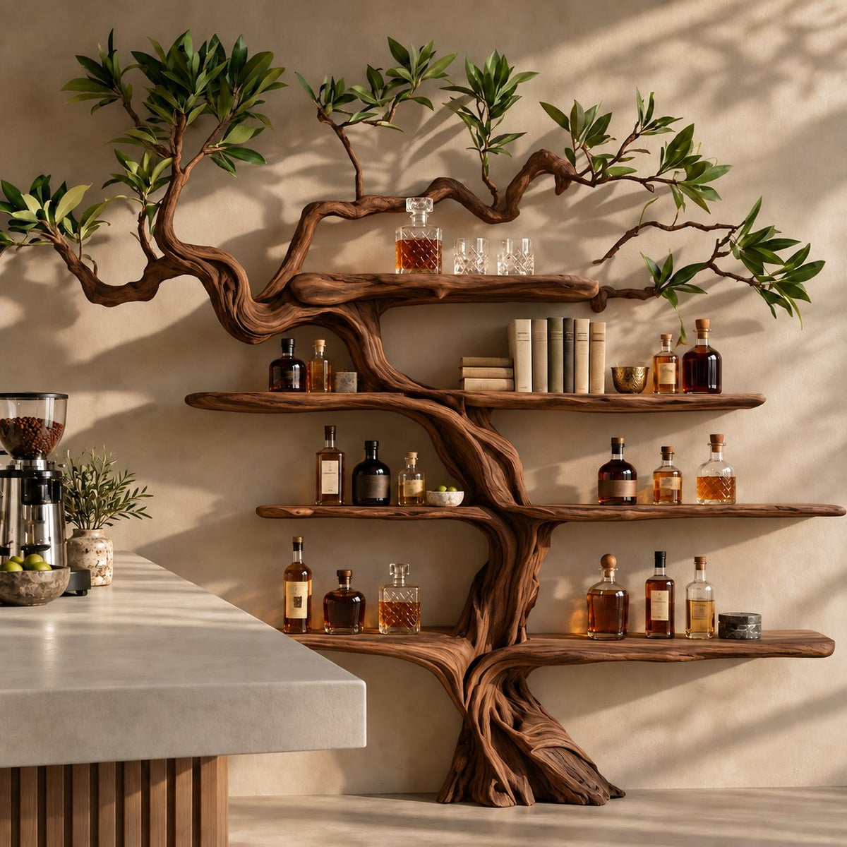 Gnarled Tree Wall Bar Shelf with Twisting Carved Trunk and Tiered Live Edge Shelves, 70 Inch Liquor Display
