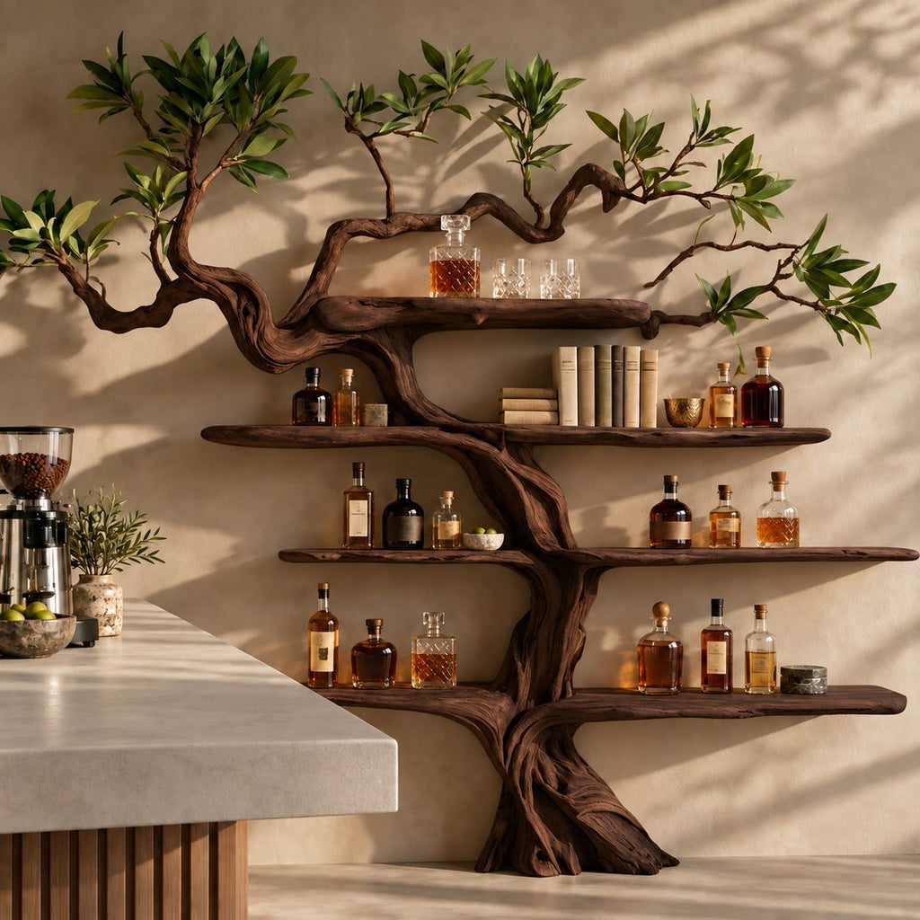Gnarled Tree Wall Bar Shelf with Twisting Carved Trunk and Tiered Live Edge Shelves, 70 Inch Liquor Display