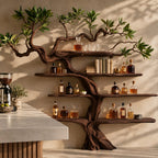 Gnarled Tree Wall Bar Shelf with Twisting Carved Trunk and Tiered Live Edge Shelves, 70 Inch Liquor Display