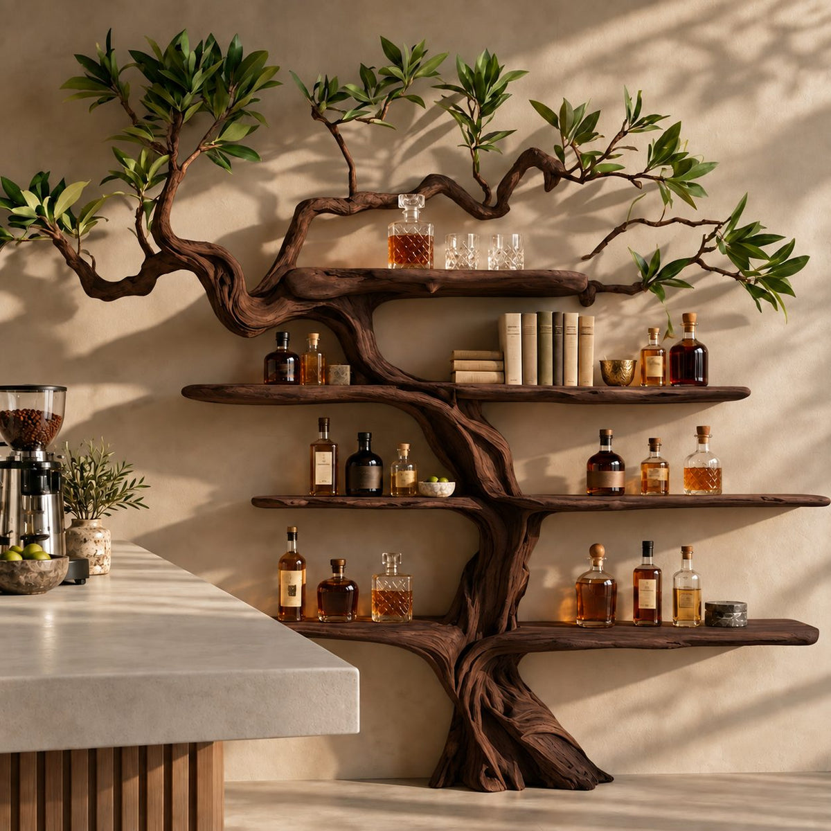 Gnarled Tree Wall Bar Shelf with Twisting Carved Trunk and Tiered Live Edge Shelves, 70 Inch Liquor Display