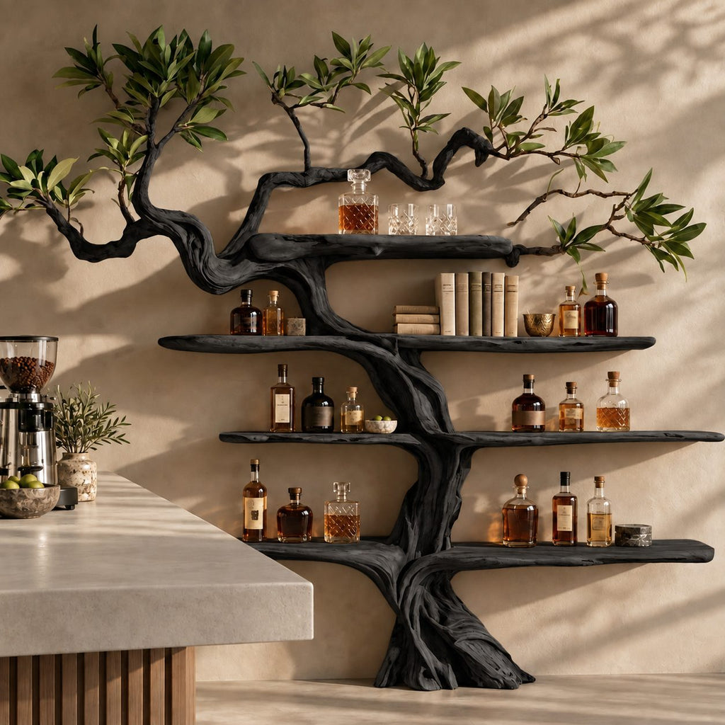 Gnarled Tree Wall Bar Shelf with Twisting Carved Trunk and Tiered Live Edge Shelves, 70 Inch Liquor Display