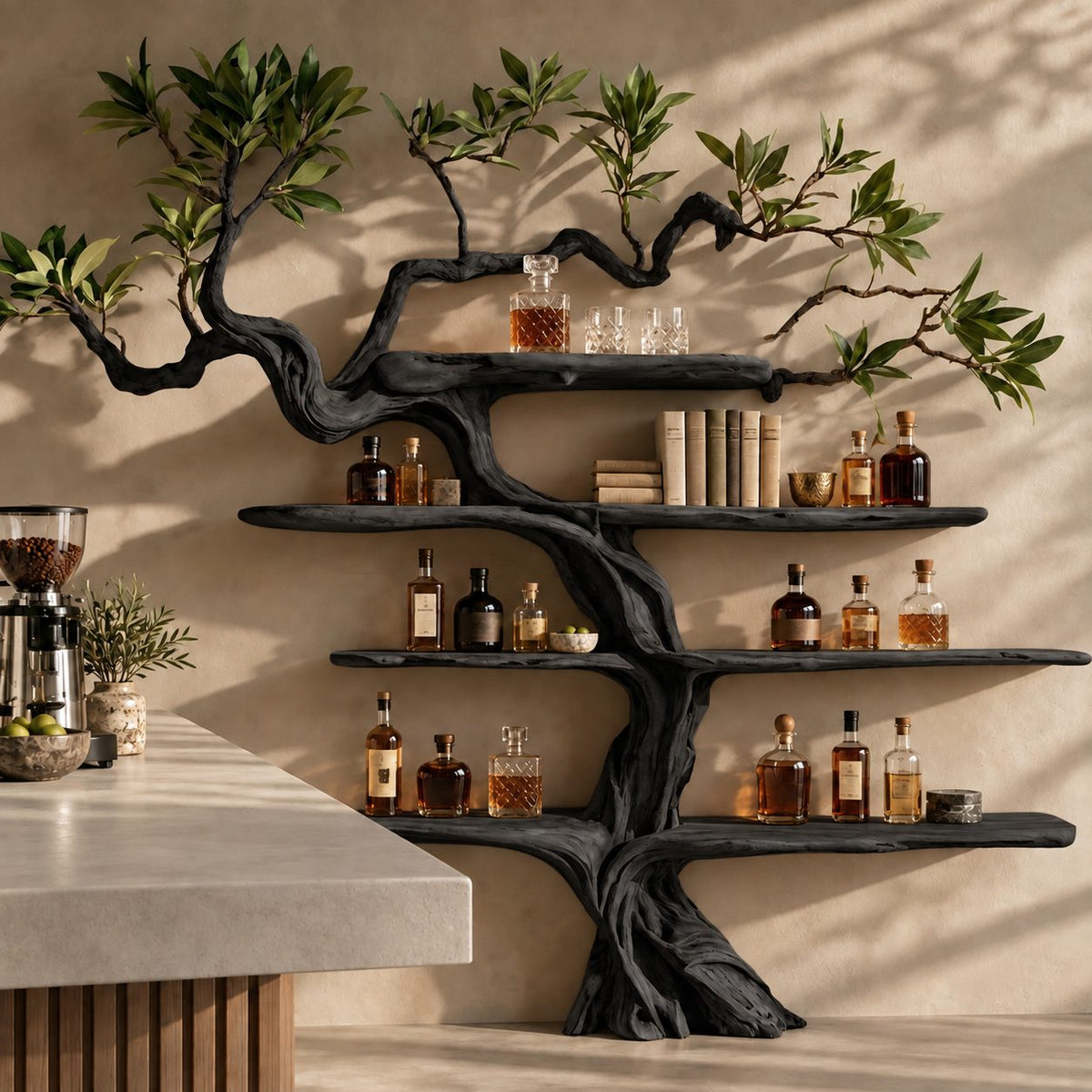 Gnarled Tree Wall Bar Shelf with Twisting Carved Trunk and Tiered Live Edge Shelves, 70 Inch Liquor Display