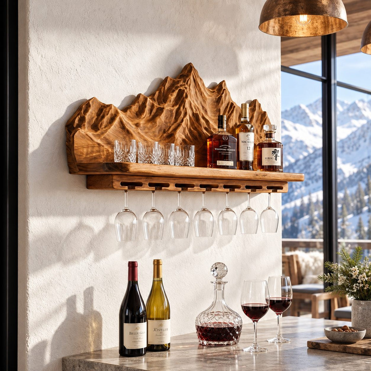 Mountain Range Wine Shelf with Carved Peaks Backboard and Stemware Rail, Wall Mounted Wine Rack for Home Bar