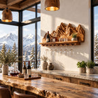 Mountain Range Wine Shelf with Carved Peaks Backboard and Stemware Rail, Wall Mounted Wine Rack for Home Bar
