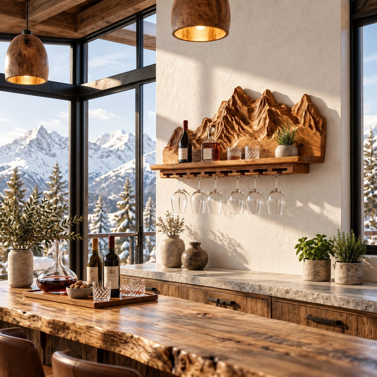 Mountain Range Wine Shelf with Carved Peaks Backboard and Stemware Rail, Wall Mounted Wine Rack for Home Bar