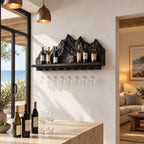 Mountain Range Wine Shelf with Carved Peaks Backboard and Stemware Rail, Wall Mounted Wine Rack for Home Bar