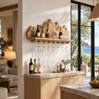 Mountain Range Wine Shelf with Carved Peaks Backboard and Stemware Rail, Wall Mounted Wine Rack for Home Bar