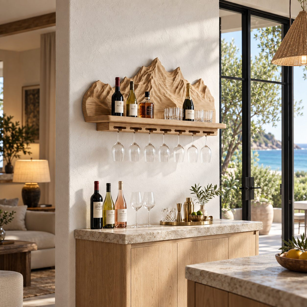 Mountain Range Wine Shelf with Carved Peaks Backboard and Stemware Rail, Wall Mounted Wine Rack for Home Bar