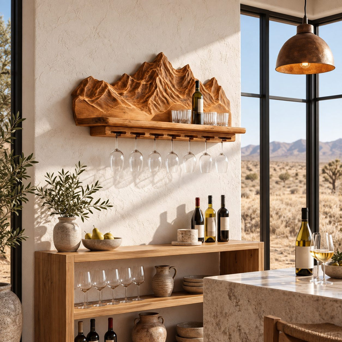 Mountain Range Wine Shelf with Carved Peaks Backboard and Stemware Rail, Wall Mounted Wine Rack for Home Bar