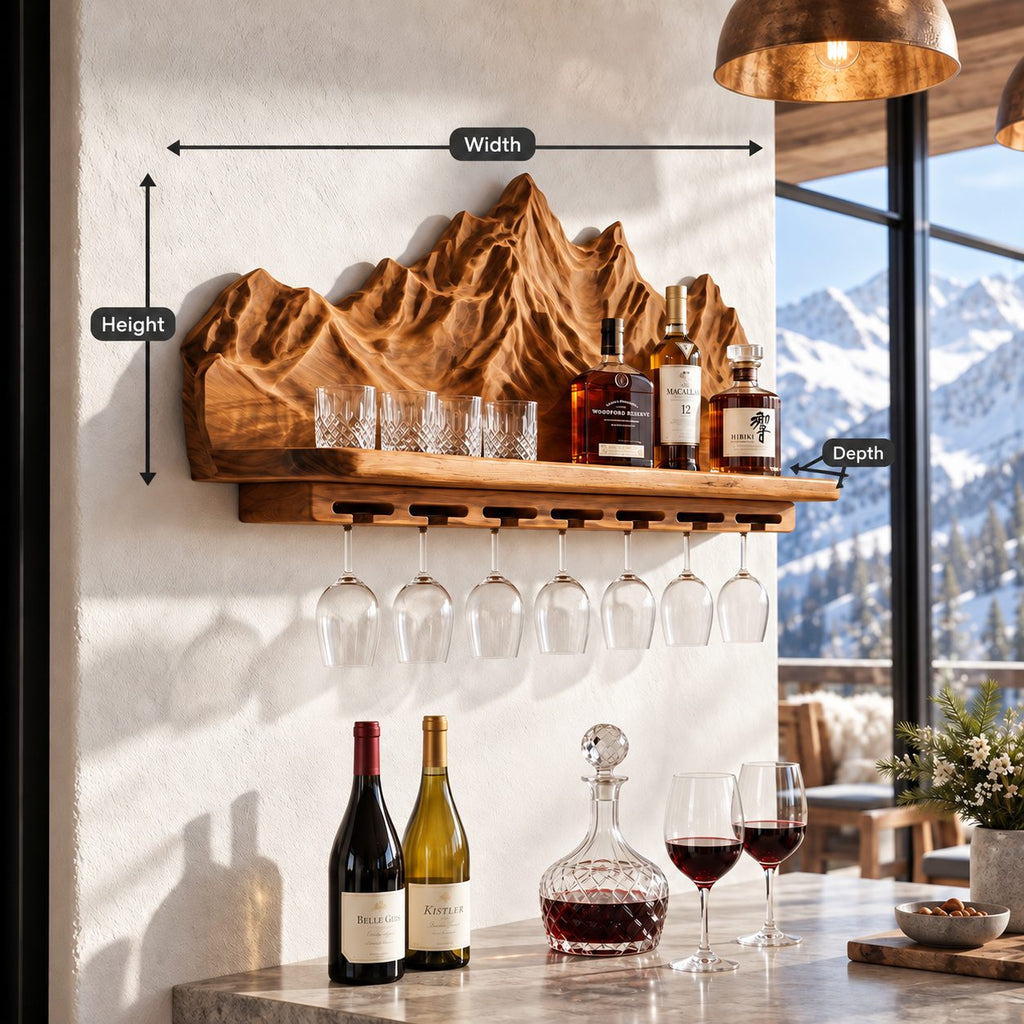 Mountain Range Wine Shelf with Carved Peaks Backboard and Stemware Rail, Wall Mounted Wine Rack for Home Bar