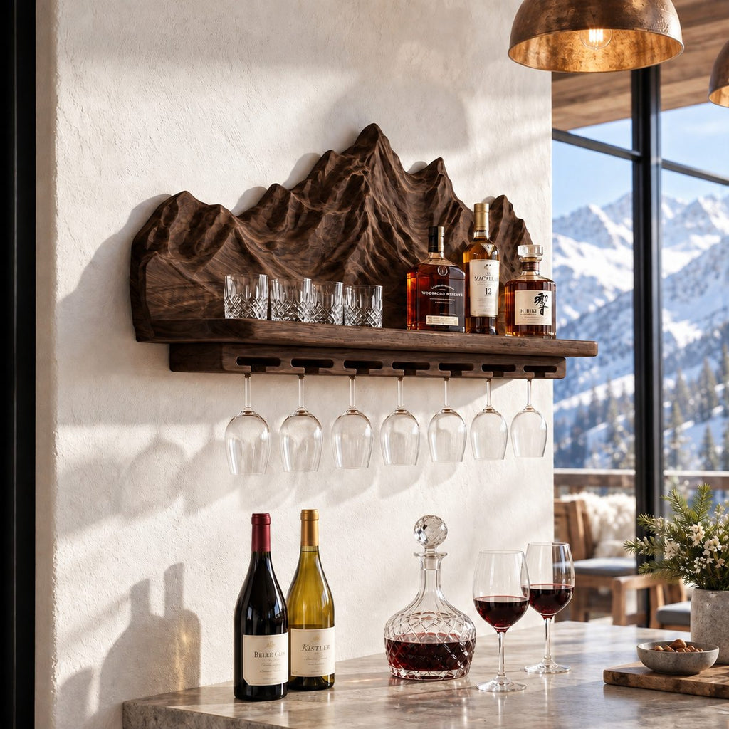 Mountain Range Wine Shelf with Carved Peaks Backboard and Stemware Rail, Wall Mounted Wine Rack for Home Bar