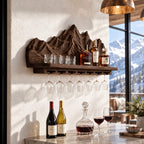 Mountain Range Wine Shelf with Carved Peaks Backboard and Stemware Rail, Wall Mounted Wine Rack for Home Bar