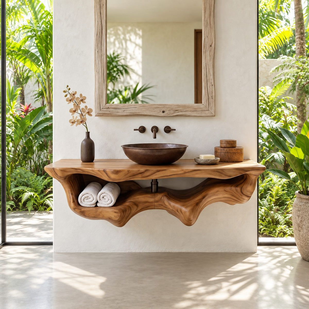 Floating Bathroom Vanity 20-60 Inch, Organic Live Edge Wall Vanity with Carved Towel Hollow