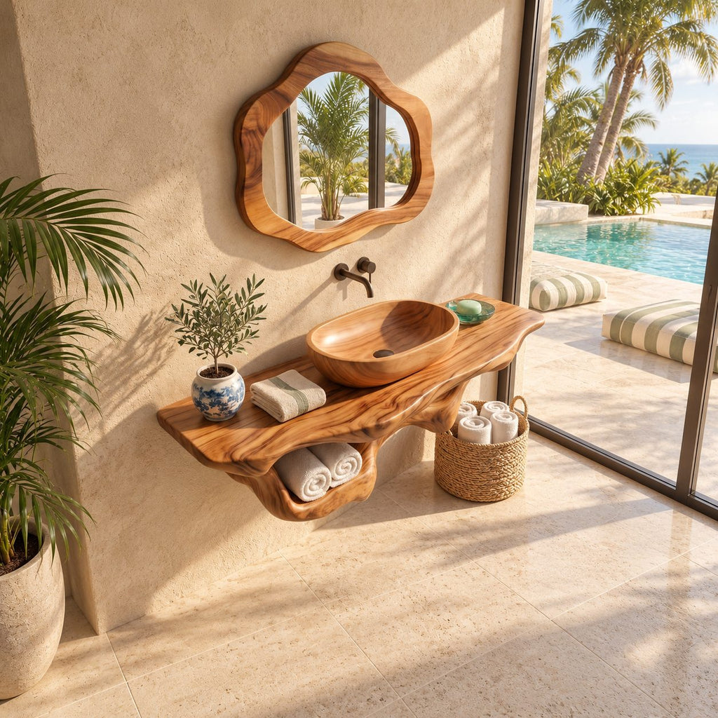 Floating Bathroom Vanity 20-60 Inch, Organic Live Edge Wall Vanity with Carved Towel Hollow