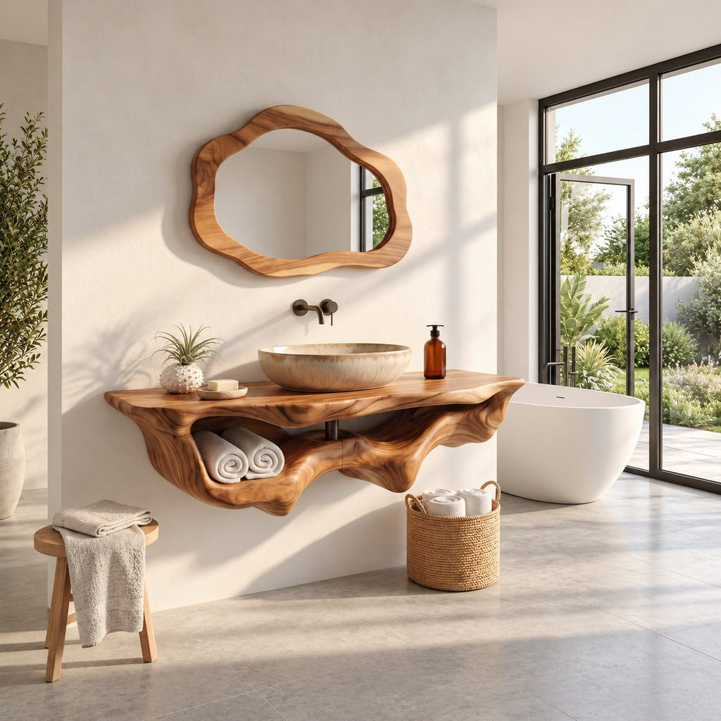 Floating Bathroom Vanity 20-60 Inch, Organic Live Edge Wall Vanity with Carved Towel Hollow