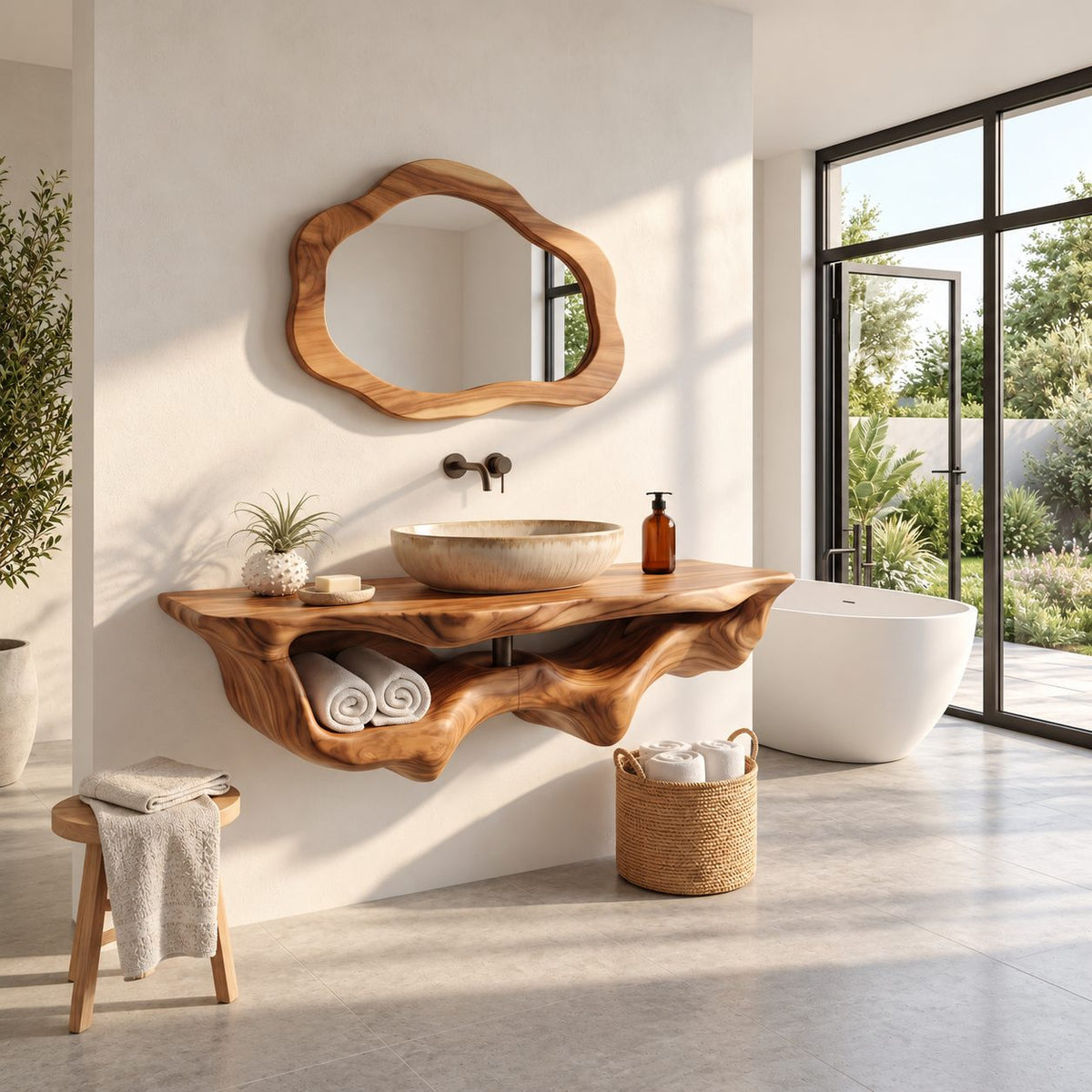 Floating Bathroom Vanity 20-60 Inch, Organic Live Edge Wall Vanity with Carved Towel Hollow