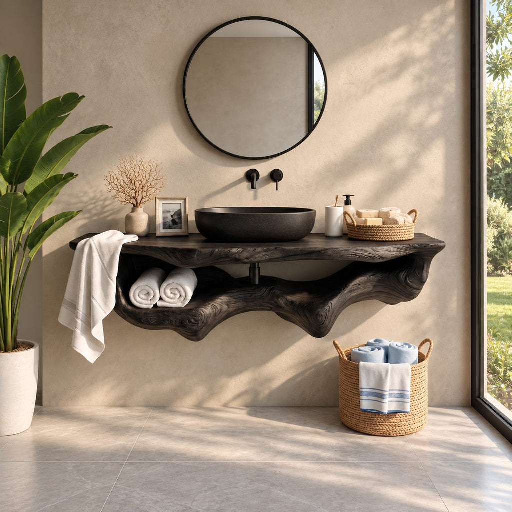 Floating Bathroom Vanity 20-60 Inch, Organic Live Edge Wall Vanity with Carved Towel Hollow
