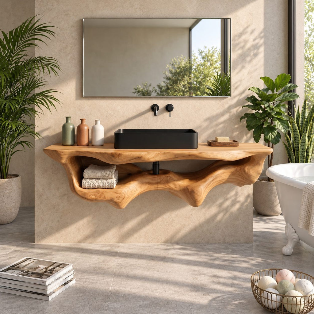 Floating Bathroom Vanity 20-60 Inch, Organic Live Edge Wall Vanity with Carved Towel Hollow