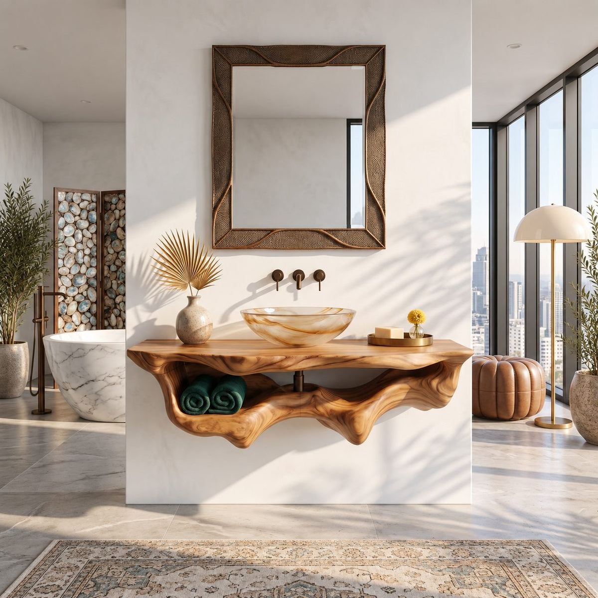 Floating Bathroom Vanity 20-60 Inch, Organic Live Edge Wall Vanity with Carved Towel Hollow