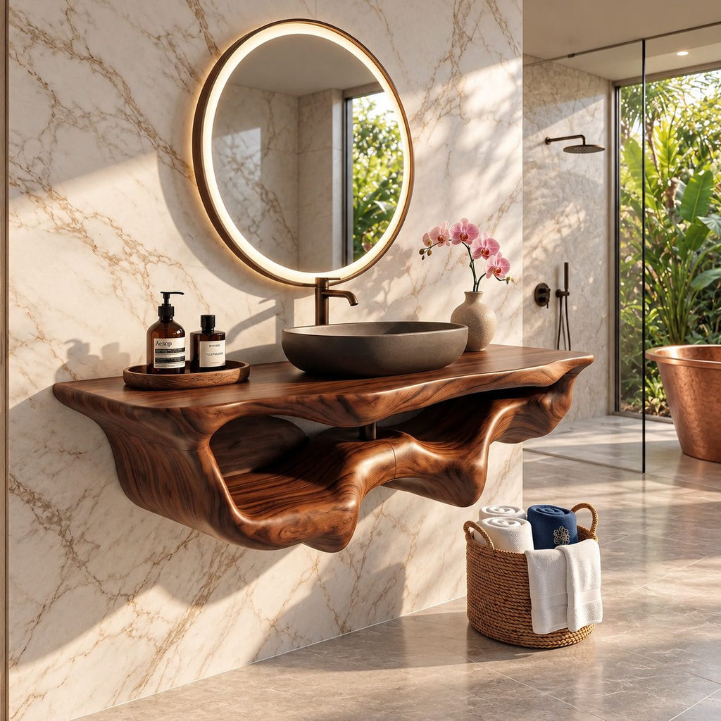 Floating Bathroom Vanity 20-60 Inch, Organic Live Edge Wall Vanity with Carved Towel Hollow