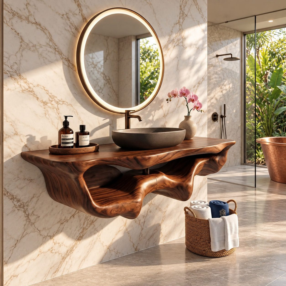 Floating Bathroom Vanity 20-60 Inch, Organic Live Edge Wall Vanity with Carved Towel Hollow