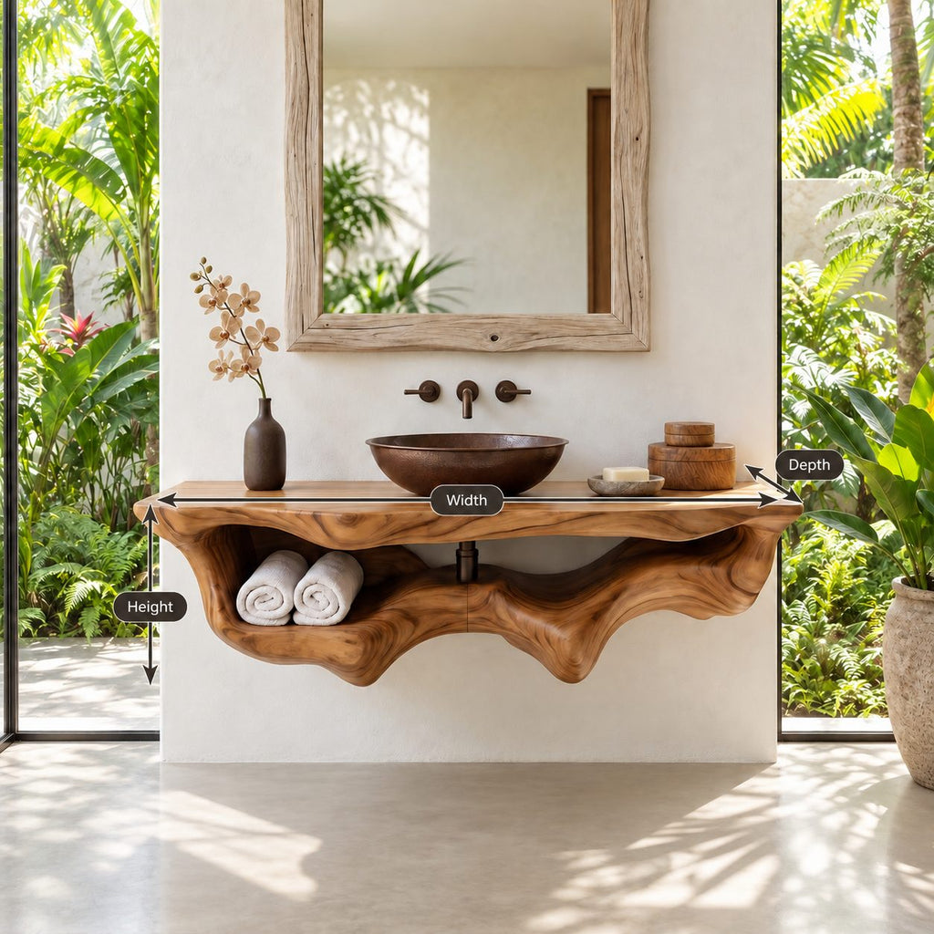 Floating Bathroom Vanity 20-60 Inch, Organic Live Edge Wall Vanity with Carved Towel Hollow