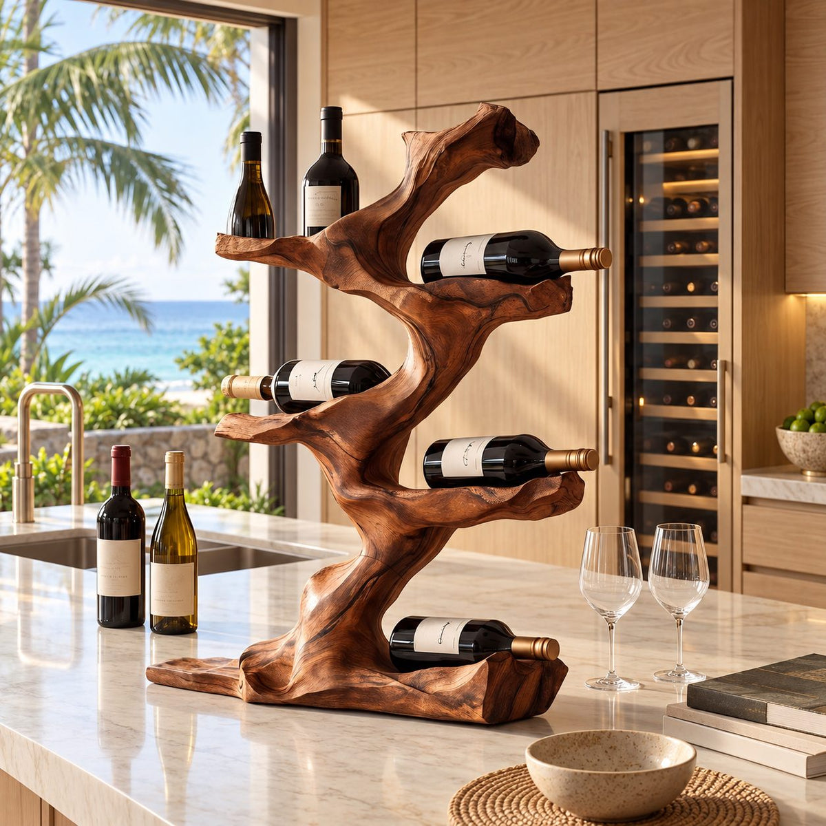Twisting Driftwood Wine Holder, Countertop Tree Sculpture Bottle Rack, Solid Wood Tabletop Wine Stand