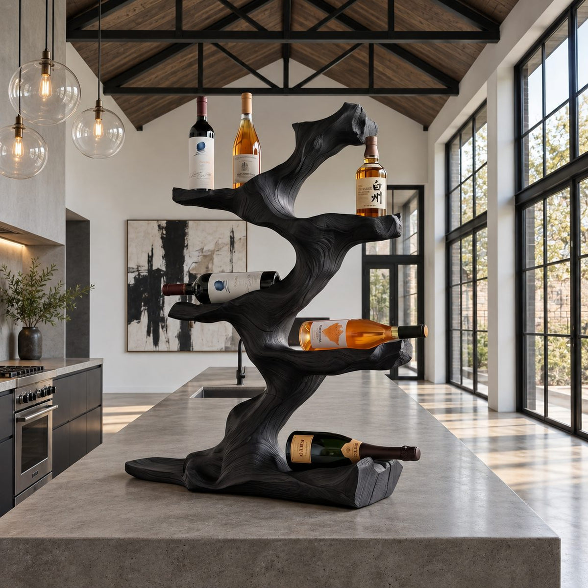 Twisting Driftwood Wine Holder, Countertop Tree Sculpture Bottle Rack, Solid Wood Tabletop Wine Stand