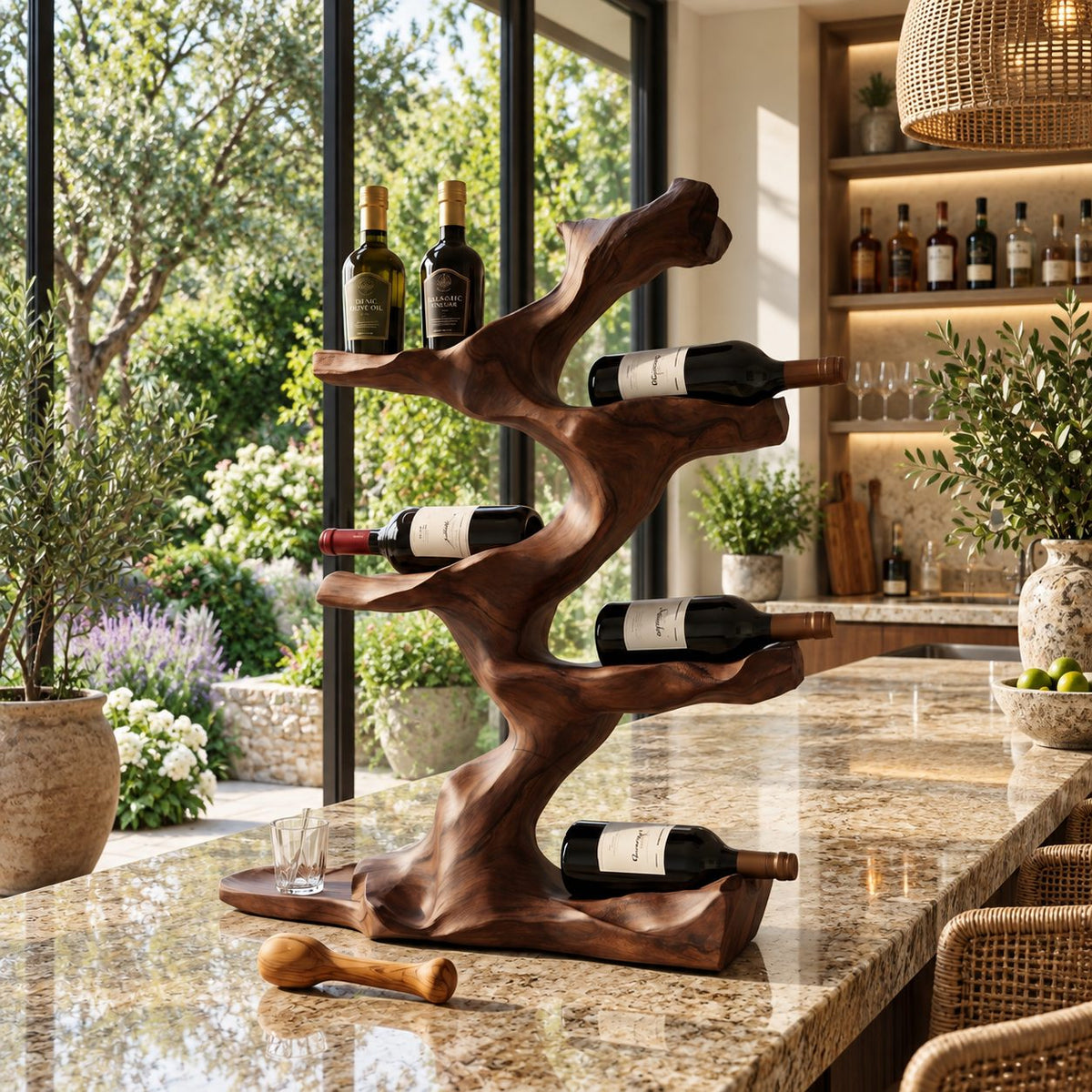 Twisting Driftwood Wine Holder, Countertop Tree Sculpture Bottle Rack, Solid Wood Tabletop Wine Stand