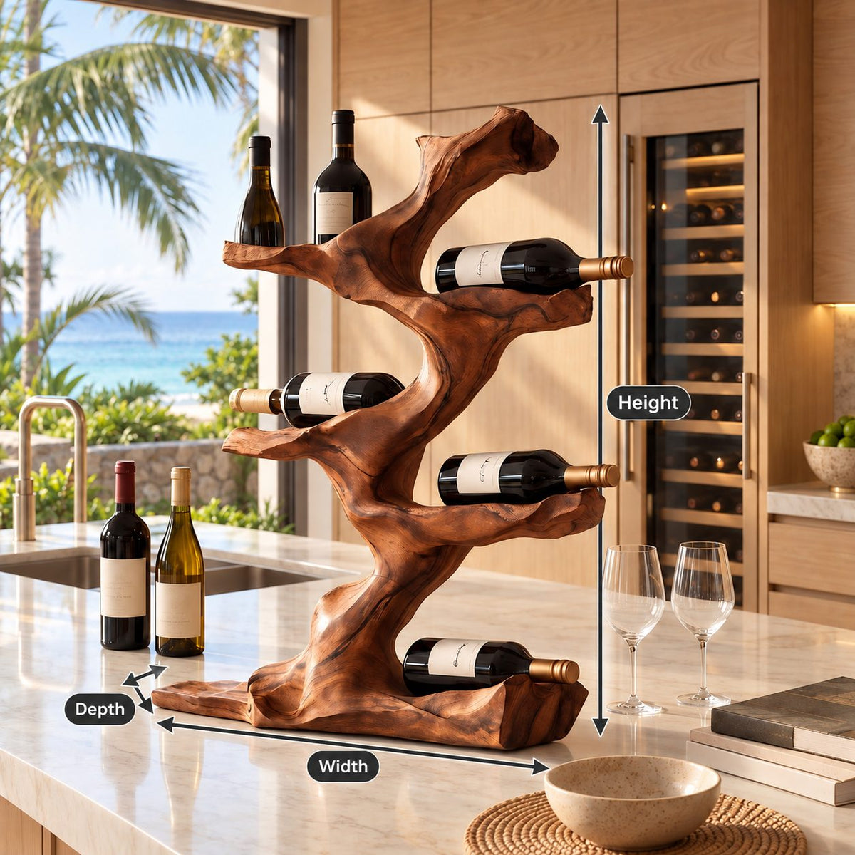 Twisting Driftwood Wine Holder, Countertop Tree Sculpture Bottle Rack, Solid Wood Tabletop Wine Stand