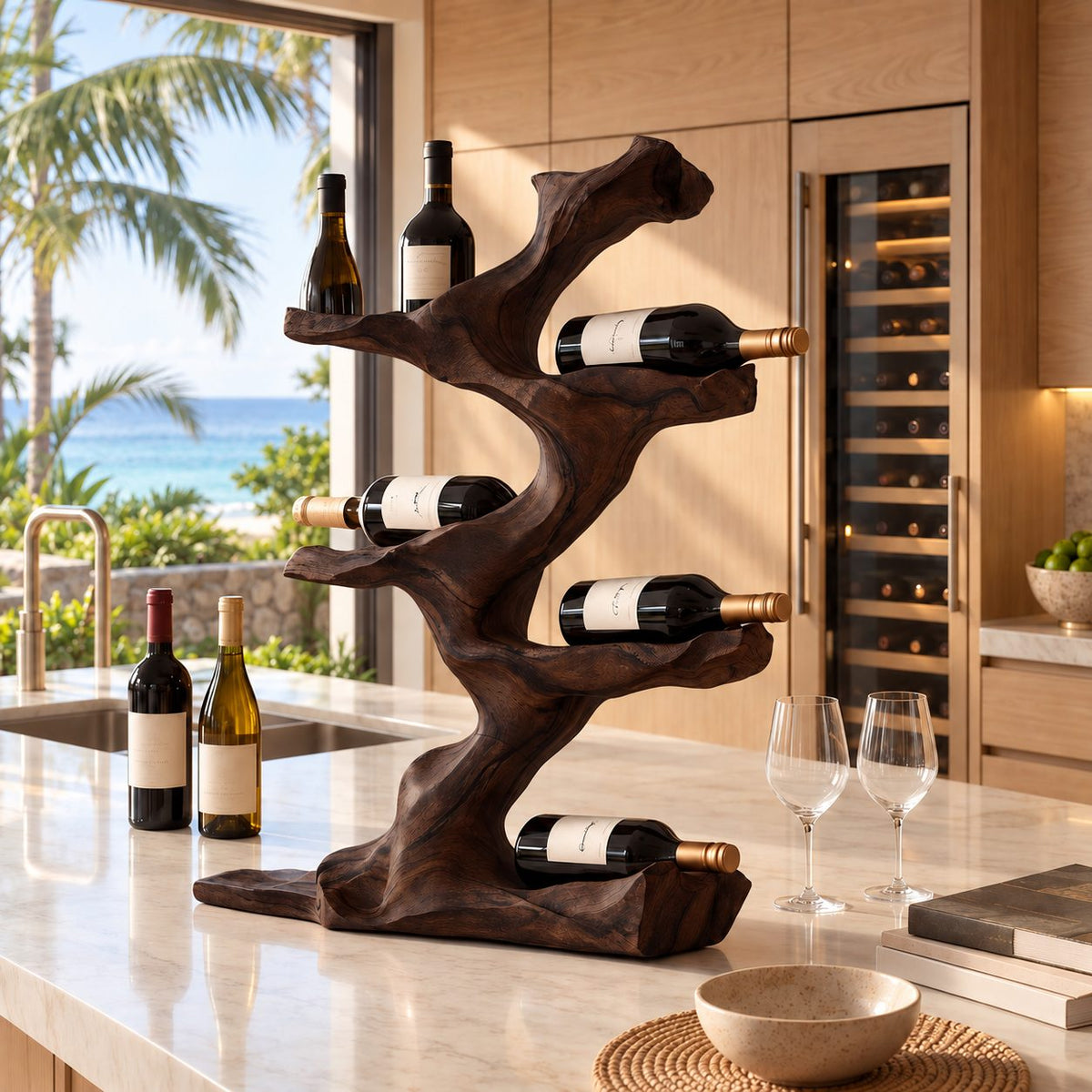 Twisting Driftwood Wine Holder, Countertop Tree Sculpture Bottle Rack, Solid Wood Tabletop Wine Stand