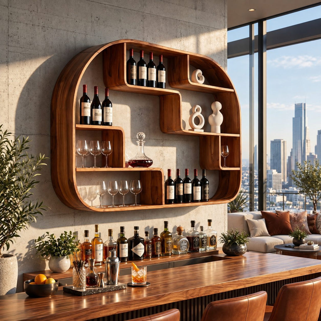 Rounded Frame Wall Bar Shelf with Stepped Open Cubbies, Floating Solid Wood Wine and Liquor Display