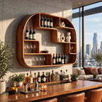 Rounded Frame Wall Bar Shelf with Stepped Open Cubbies, Floating Solid Wood Wine and Liquor Display