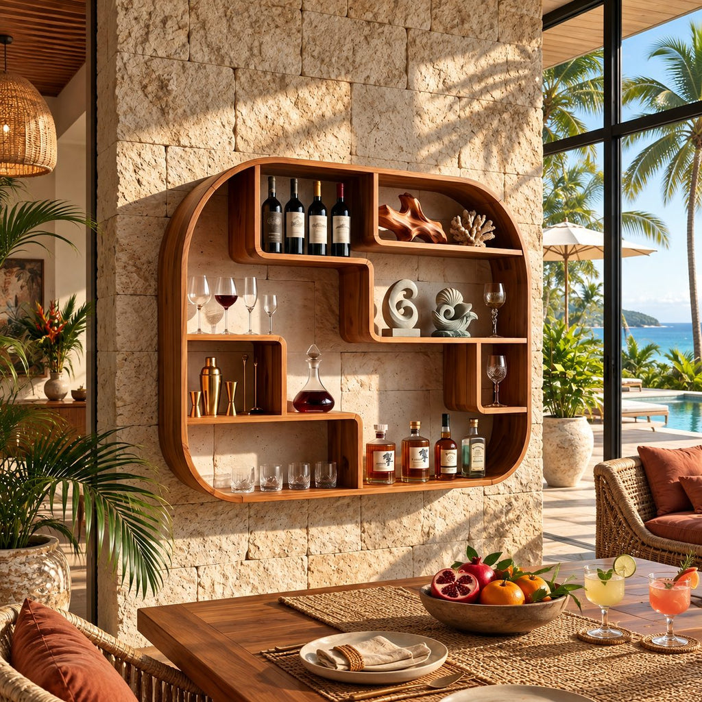 Rounded Frame Wall Bar Shelf with Stepped Open Cubbies, Floating Solid Wood Wine and Liquor Display
