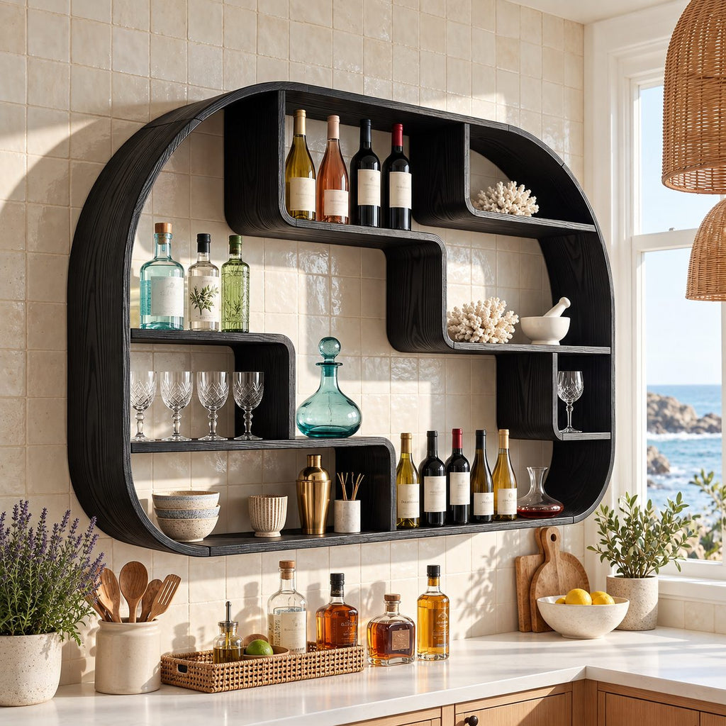 Rounded Frame Wall Bar Shelf with Stepped Open Cubbies, Floating Solid Wood Wine and Liquor Display