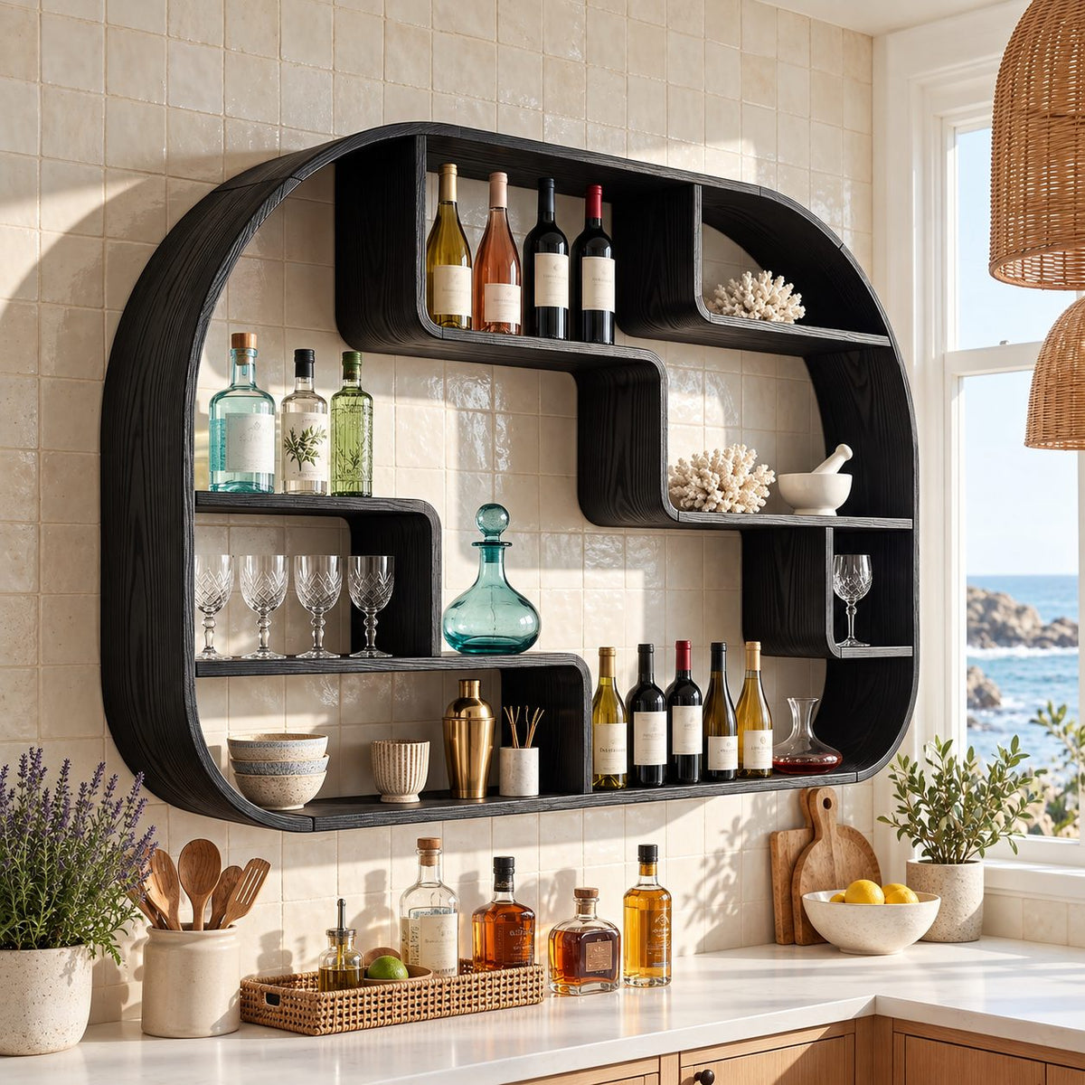 Rounded Frame Wall Bar Shelf with Stepped Open Cubbies, Floating Solid Wood Wine and Liquor Display