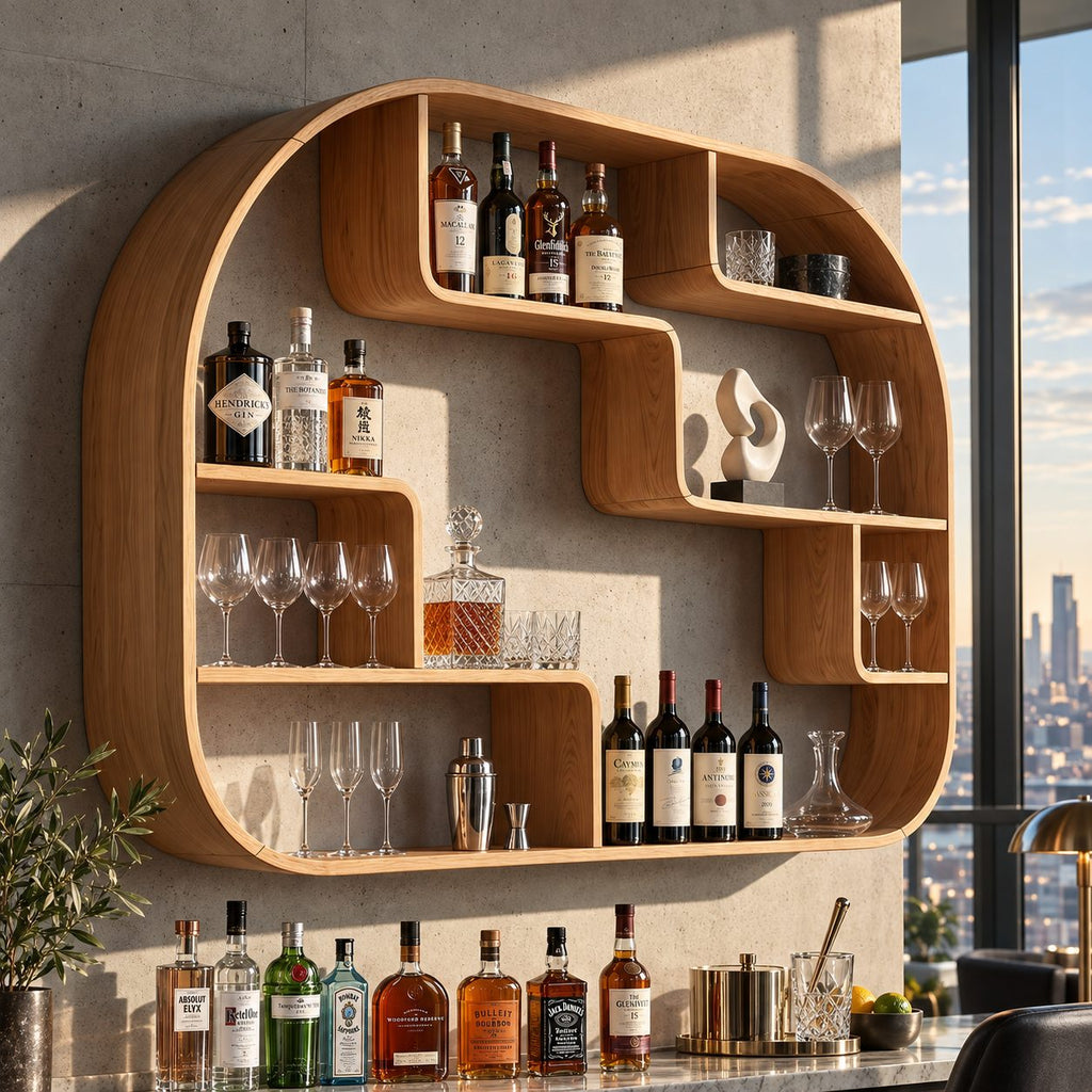 Rounded Frame Wall Bar Shelf with Stepped Open Cubbies, Floating Solid Wood Wine and Liquor Display