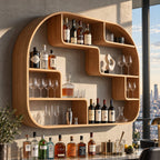 Rounded Frame Wall Bar Shelf with Stepped Open Cubbies, Floating Solid Wood Wine and Liquor Display