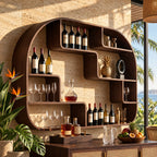 Rounded Frame Wall Bar Shelf with Stepped Open Cubbies, Floating Solid Wood Wine and Liquor Display