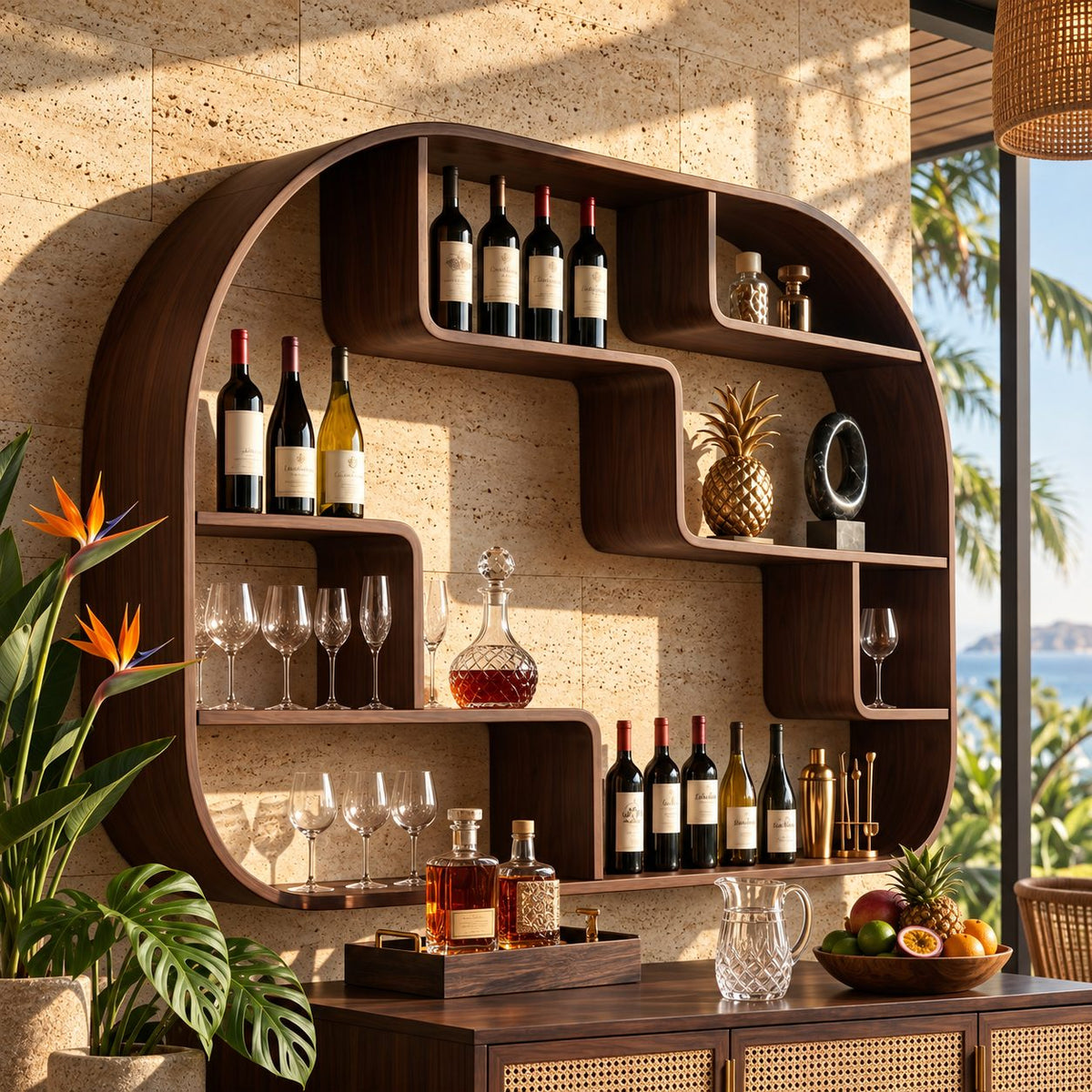 Rounded Frame Wall Bar Shelf with Stepped Open Cubbies, Floating Solid Wood Wine and Liquor Display