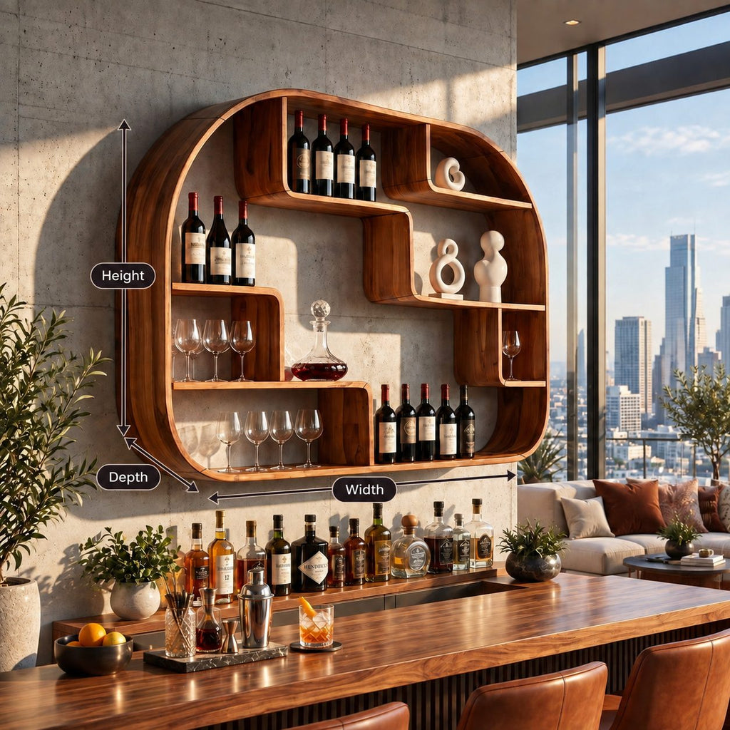 Rounded Frame Wall Bar Shelf with Stepped Open Cubbies, Floating Solid Wood Wine and Liquor Display