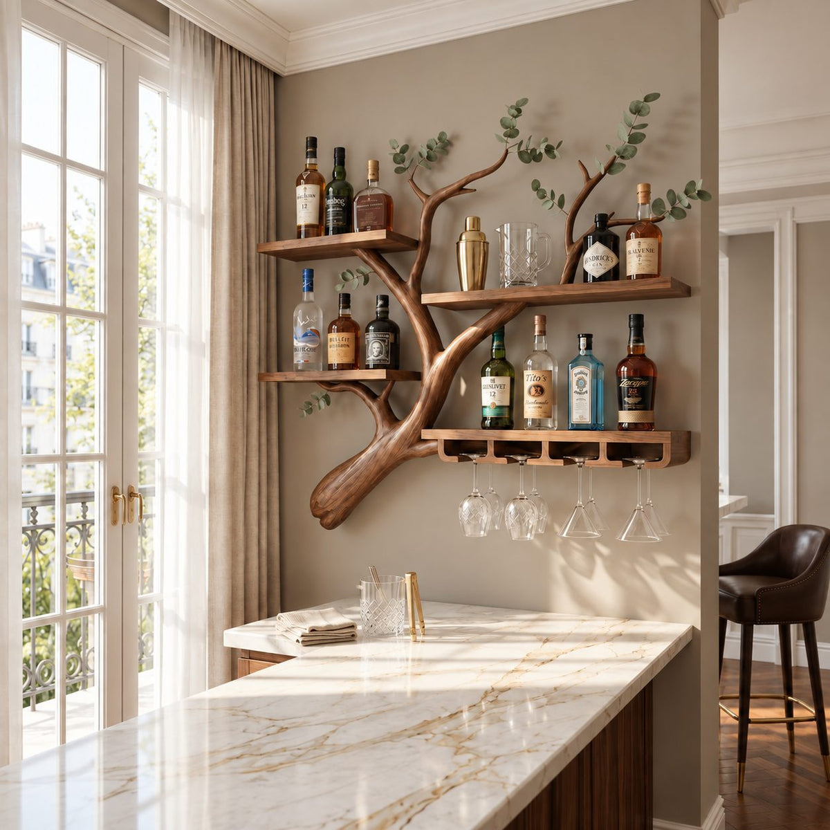 Curved Branch Wall Bar Shelf with Three Tier Shelves and Stemware Rack, Solid Wood Wine Rack for Kitchen